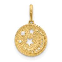 Gold circular pendant with textured surface featuring cutout stars and moon, set with small clear crystals, suspended from a gold bail.