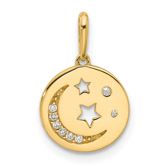 Gold pendant featuring a crescent moon with diamond accents and two star cutouts, suspended from a gold bail.