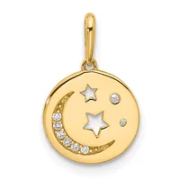 Gold pendant featuring a crescent moon with diamond accents and two star cutouts, suspended from a gold bail.