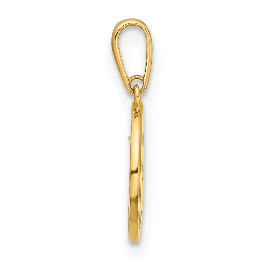A polished gold-colored cylindrical pendant with an elongated loop attachment at the top, shown against a white background.