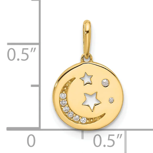 Gold pendant featuring a circular moon face with cutout stars, diamond accents along the crescent, and a loop bail, shown next to a measurement scale.
