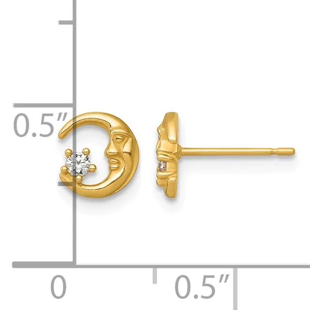 A pair of gold crescent moon stud earrings, each featuring a small round diamond, shown front and side view with a measurement scale indicating approximately half an inch in size.