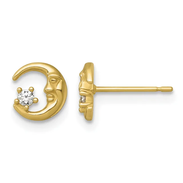 A pair of gold moon-shaped stud earrings, each featuring a crescent moon face with a diamond set in the center, shown from front and side views.
