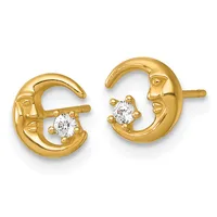 A pair of gold crescent moon stud earrings with stylized faces and round white cubic zirconia stones, shown from the front against a white background.