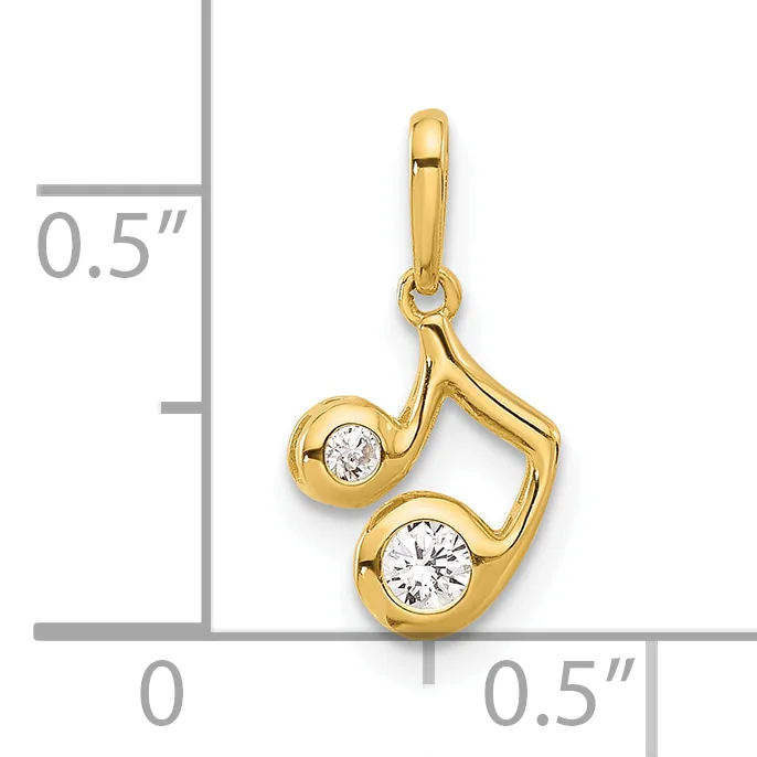 Gold pendant with two round white diamonds set in curved bezels, shown against a measurement scale indicating approximately 0.5 inches in height and width.