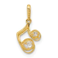 Gold pendant charm featuring two clear round stones suspended from a curved gold bail with a small stamped hallmark.