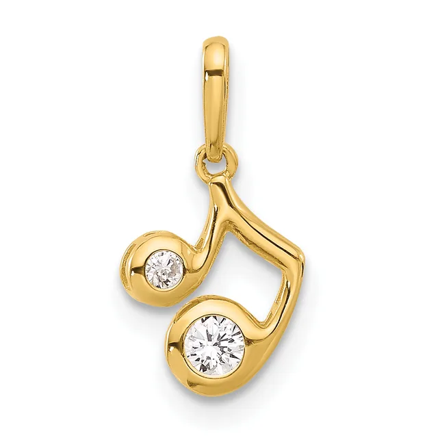 Gold pendant with two round white diamonds set in curved gold bezels connected by a wavy gold bail.