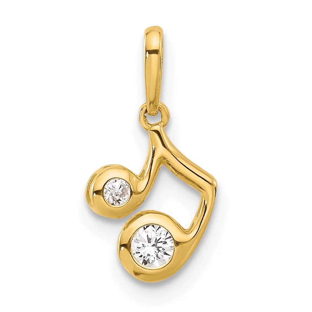 Gold pendant with two round white diamonds set in curved gold bezels connected by a wavy gold bail.