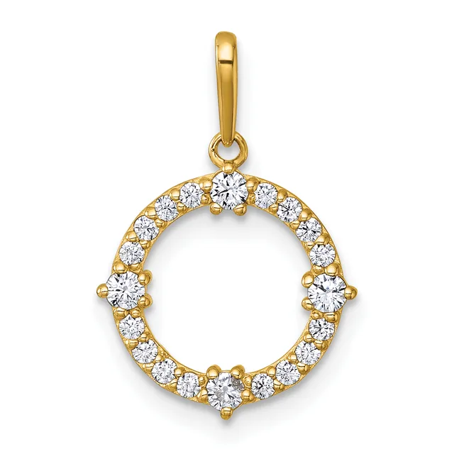 Gold circular pendant with diamond settings around the outer edge and a polished bail loop at the top.