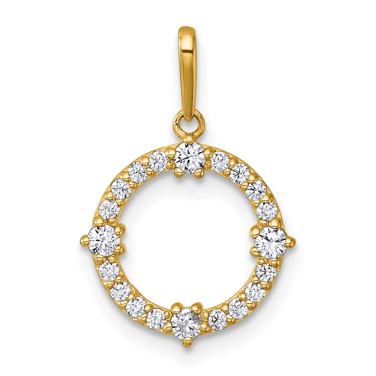 Gold circular pendant with diamond settings around the outer edge and a polished bail loop at the top.