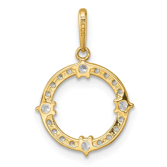 Gold pendant charm with open circular frame decorated with small round crystals and four larger oval stones at cardinal points, suspended from a gold bail.