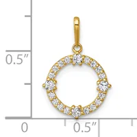 A gold circular pendant with cubic zirconia stones arranged around the rim, shown next to a ruler for scale.
