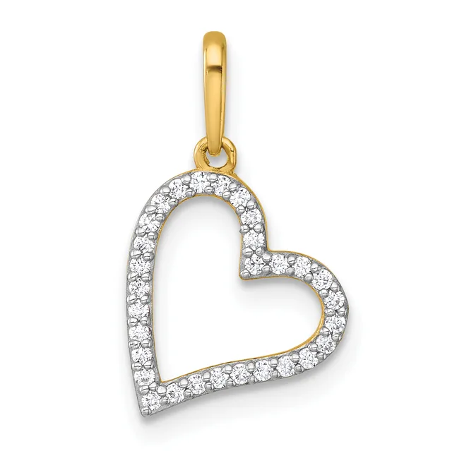 Gold heart pendant with diamond pave setting along the outline, suspended from a gold bail, shown against a white background.