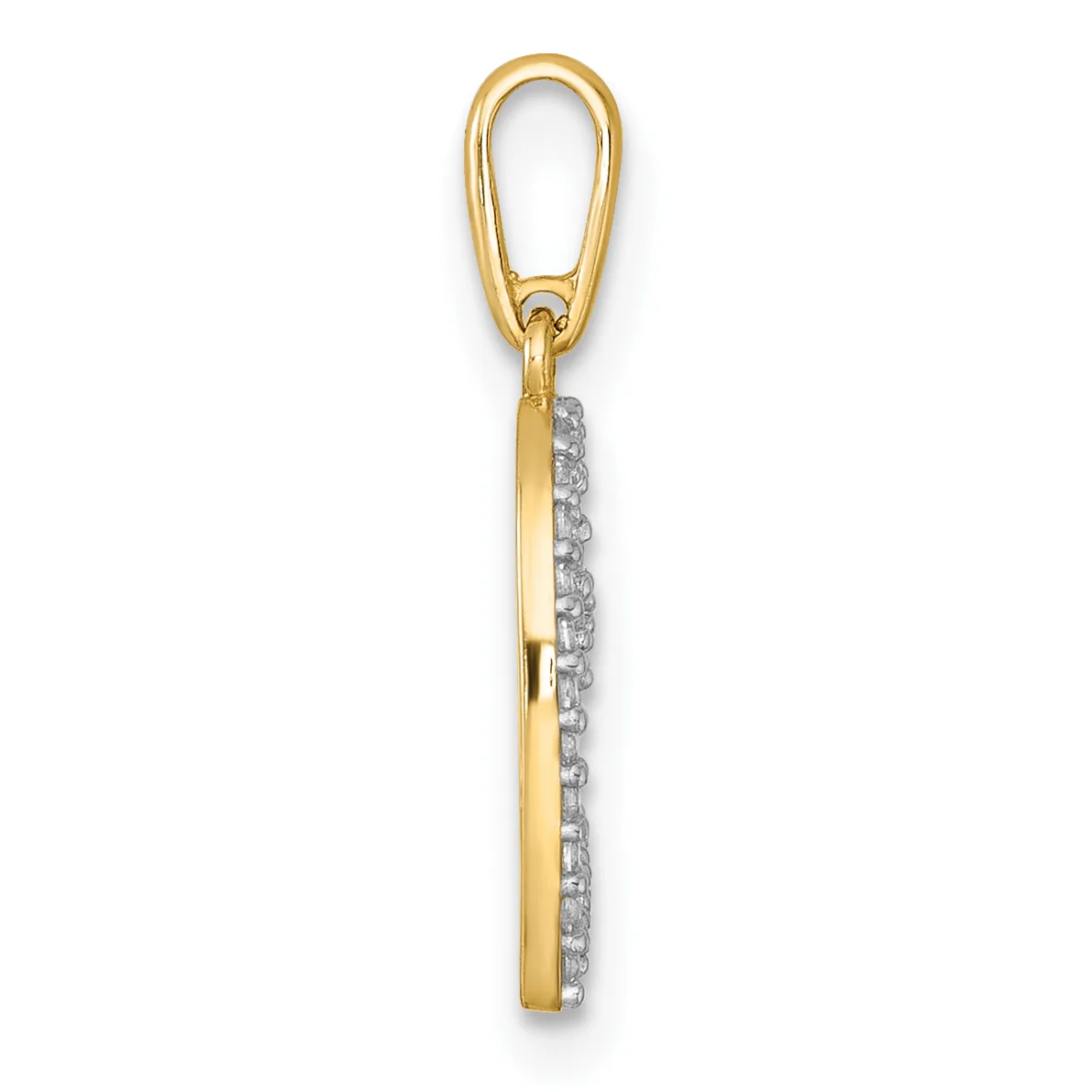Gold pendant with rectangular bail and elongated rectangular body set with small diamonds, shown suspended from chain against white background.