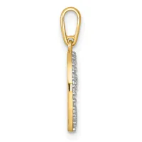 Gold pendant with rectangular bail and elongated rectangular body set with small diamonds, shown suspended from chain against white background.