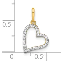 A gold heart pendant with diamond paving shown next to a ruler indicating approximately half an inch in size.