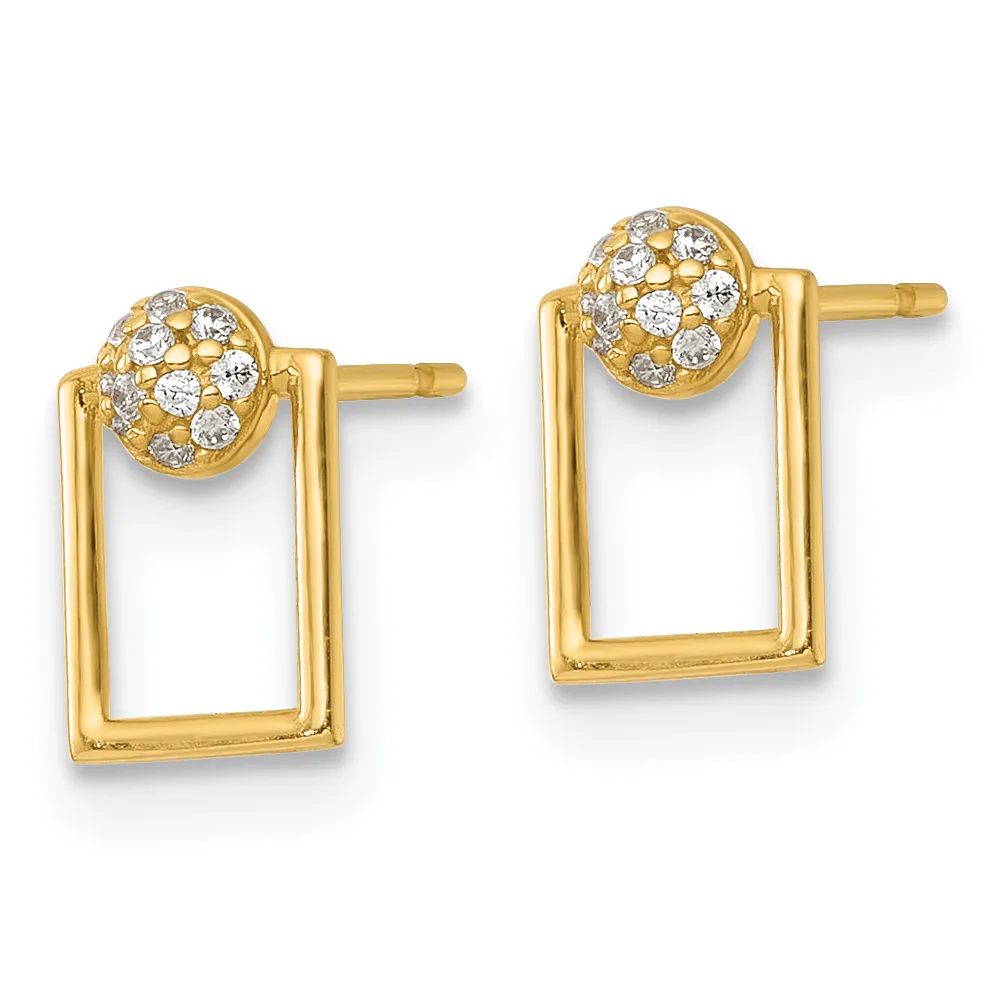A pair of gold stud earrings with rectangular frames hanging from small spheres paved with clear crystals.