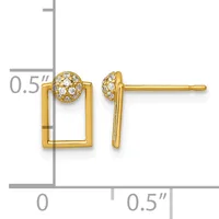 Gold rectangular stud earrings with small diamond-patterned spherical tops, shown on a measurement scale indicating approximately half an inch in length.
