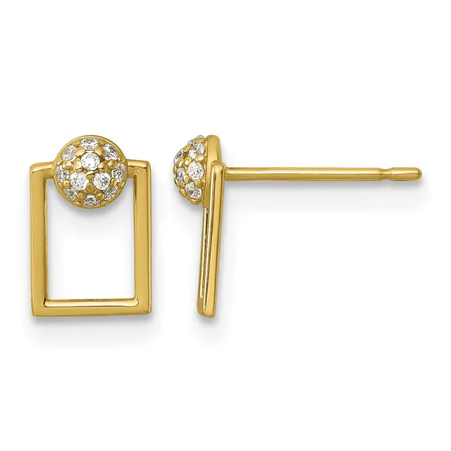 Gold rectangular earrings with diamond-studded spherical tops, shown from front and side views.