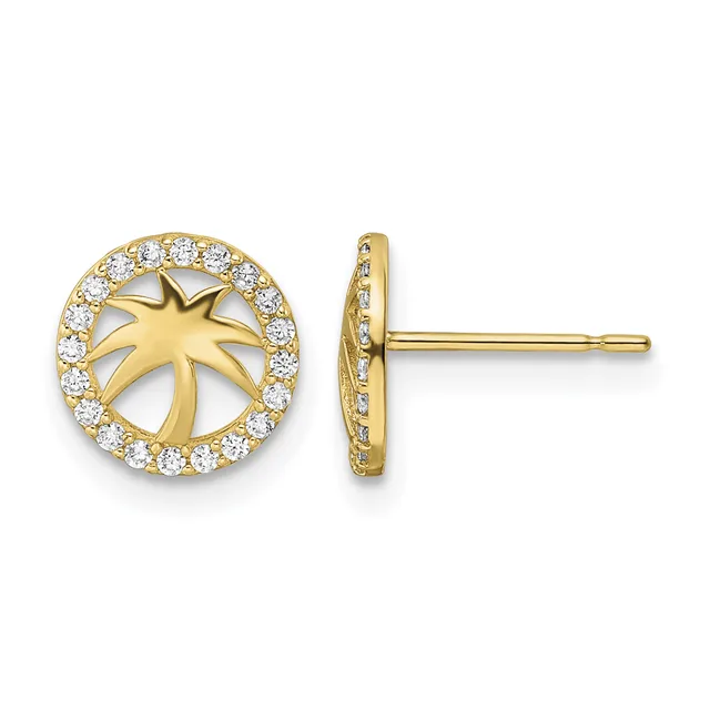 Pair of gold stud earrings featuring a star design surrounded by a circular halo of small diamonds, shown from front and side views.