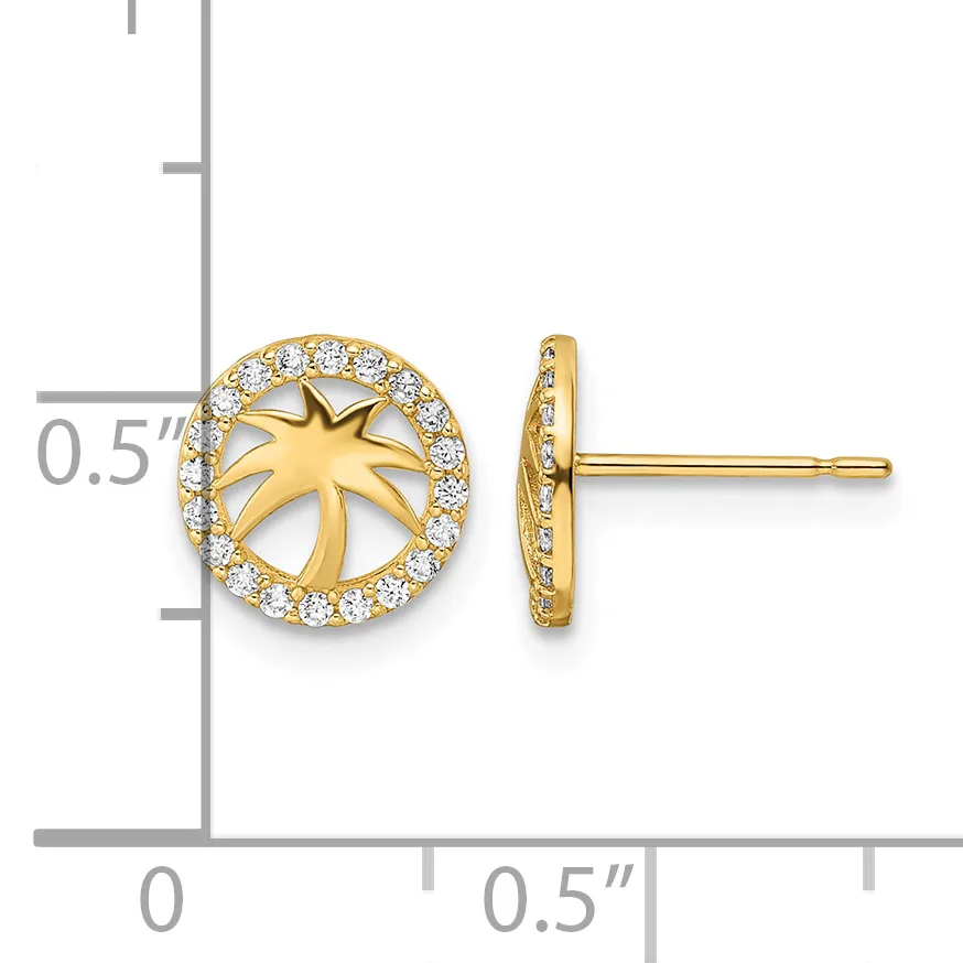 Gold stud earrings featuring a star design surrounded by a circular halo of cubic zirconia stones, shown from front and side views with a measurement scale.