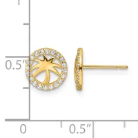 Gold stud earrings featuring a star design surrounded by a circular halo of cubic zirconia stones, shown from front and side views with a measurement scale.