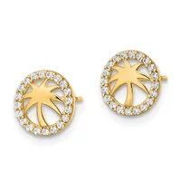 A pair of gold stud earrings featuring circular designs with radiating star patterns surrounded by diamond halos.