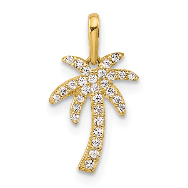 Gold palm tree pendant with round diamond or cubic zirconia stones set throughout the trunk and fronds, suspended from a gold bail.