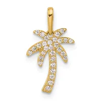 Gold palm tree pendant with round diamond or cubic zirconia stones set throughout the trunk and fronds, suspended from a gold bail.