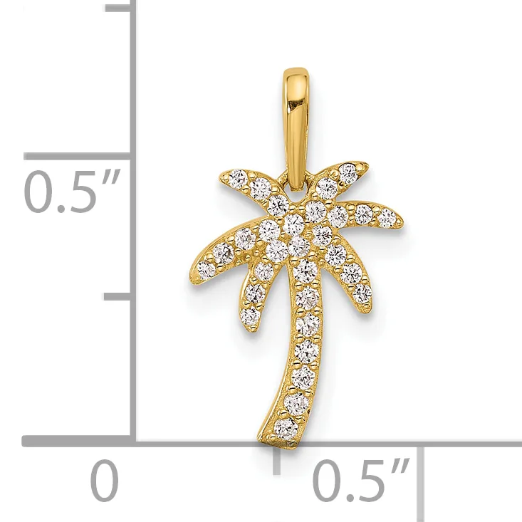Gold palm tree pendant with cubic zirconia stones set throughout the trunk and frond branches, shown next to a ruler indicating approximately half an inch in height.