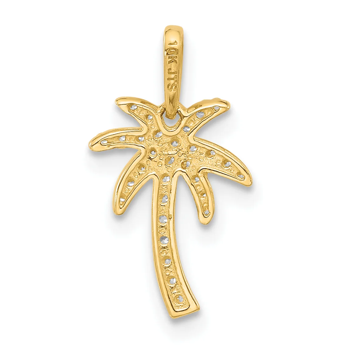 Gold palm tree cross pendant with diamond accents, featuring a loop bail at the top for hanging.