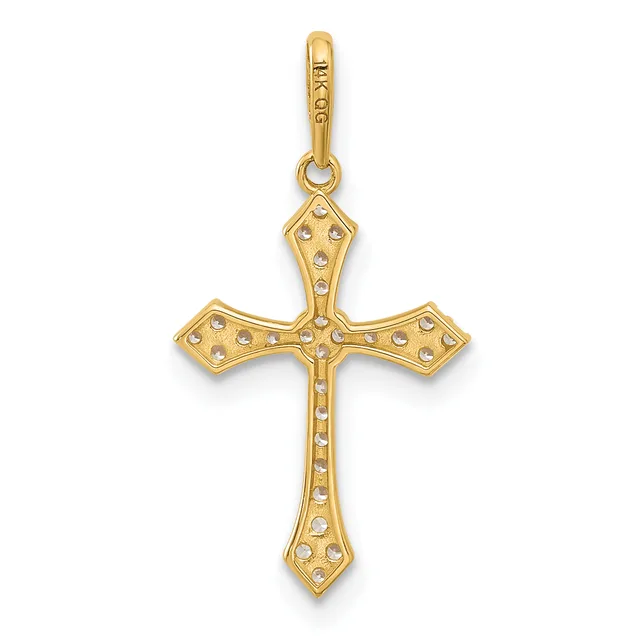 A gold cross pendant with a small stamped hallmark, featuring a looped bail at the top and decorative dotted details across all four arms.