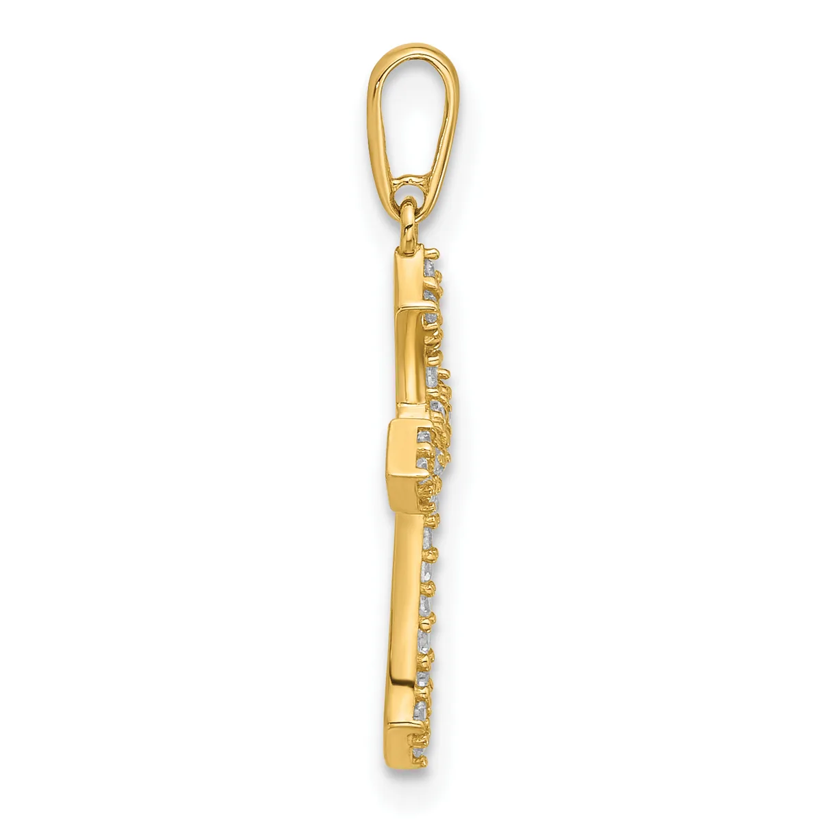 Gold pendant charm featuring a locomotive train design with small round stones set along the body, suspended from a gold bail loop.