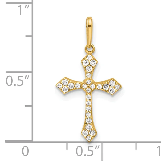 A gold cross pendant with cubic zirconia stones set throughout, displayed next to a ruler showing it measures approximately three-quarters of an inch in height.