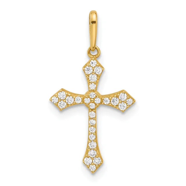 Gold cross pendant with cubic zirconia stones set throughout, featuring flared ends and a bail loop at the top.