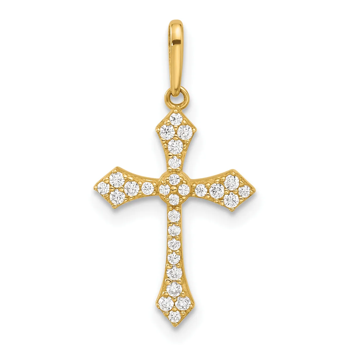 Gold cross pendant with cubic zirconia stones set throughout, featuring flared ends and a bail loop at the top.