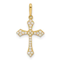 Gold cross pendant with cubic zirconia stones set throughout, featuring flared ends and a bail loop at the top.