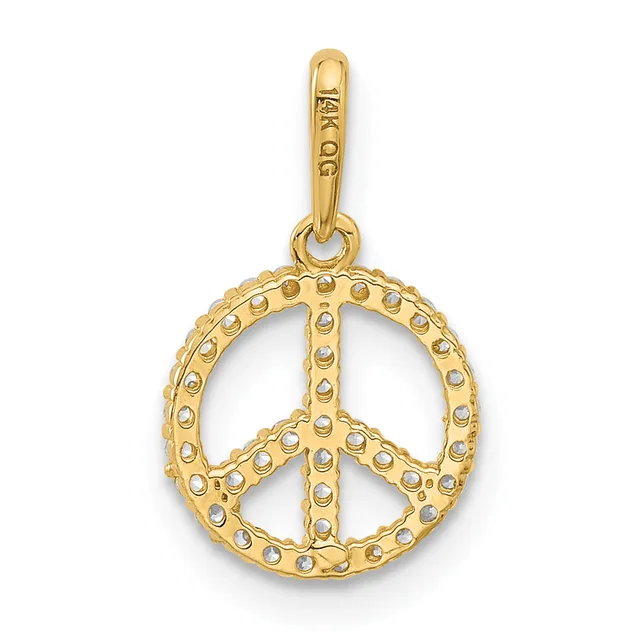 Gold peace sign pendant with textured surface and small gemstone accents throughout, suspended from a gold bail.