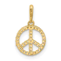 Gold peace sign pendant with textured surface and small gemstone accents throughout, suspended from a gold bail.
