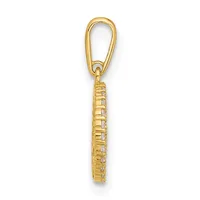 A gold keychain pendant with a looped bail at the top and a textured cylindrical shaft hanging below it.