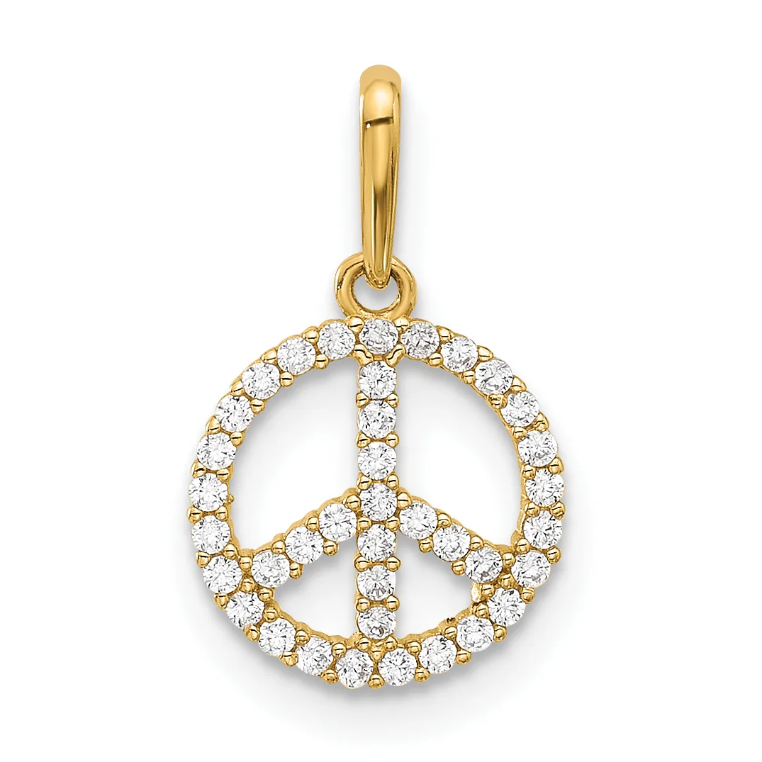 A gold peace symbol pendant with a polished bail, outlined and filled with round cubic zirconia stones, shown against a white background.