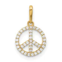 A gold peace symbol pendant with a polished bail, outlined and filled with round cubic zirconia stones, shown against a white background.