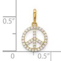 Gold peace sign pendant with cubic zirconia stones set around the outline, shown next to a measurement scale indicating approximately 0.5 inches in width and height.