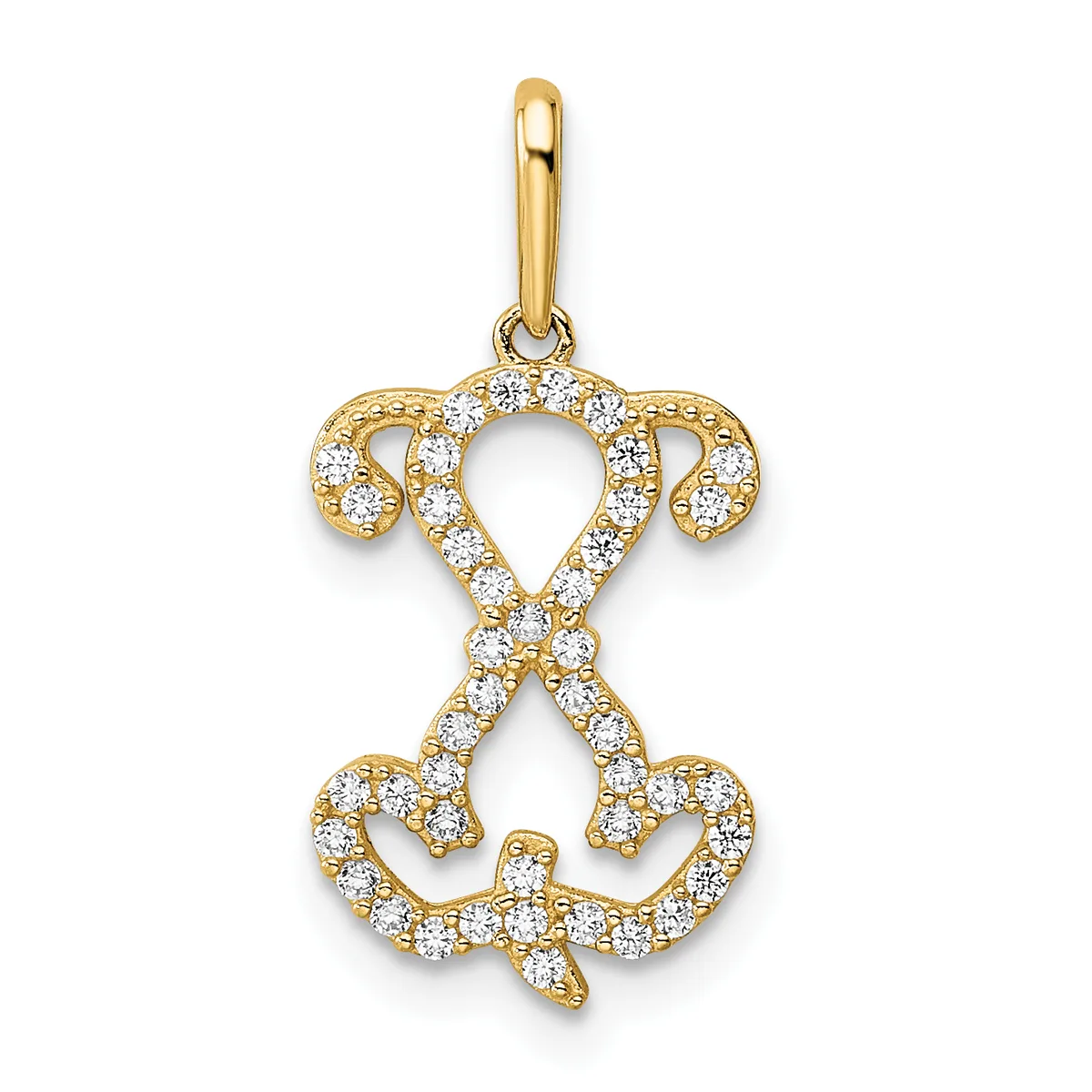 Gold pendant with diamond-set curved design resembling stylized letter S with bail loop at top, shown against white background.