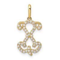 Gold pendant with diamond-set curved design resembling stylized letter S with bail loop at top, shown against white background.