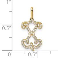Gold pendant with cubic zirconia stones forming a symmetrical design of curved loops and heart shapes, shown against a measurement scale.