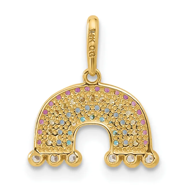 A gold horseshoe-shaped pendant charm decorated with multicolored small stones in pink, blue, and clear, featuring three small round stones hanging from the bottom and a small stamped hallmark on the bail.