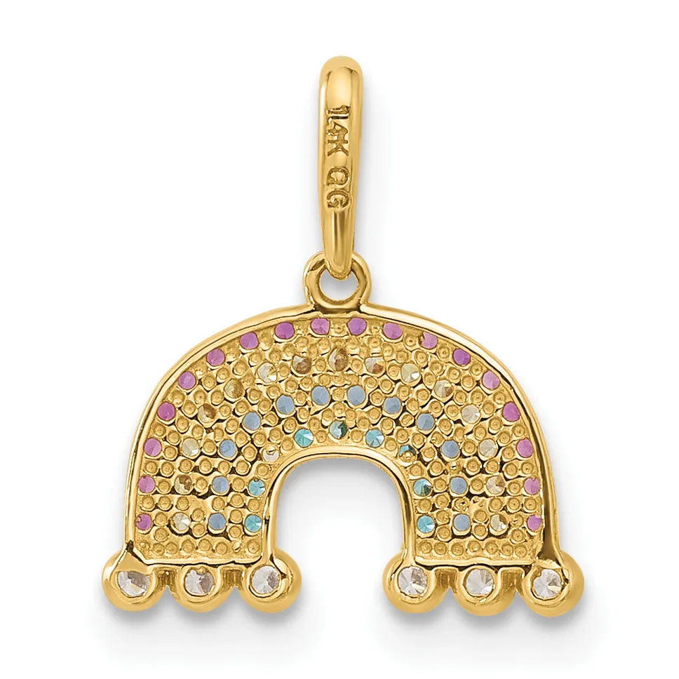 A gold horseshoe-shaped pendant charm decorated with multicolored small stones in pink, blue, and clear, featuring three small round stones hanging from the bottom and a small stamped hallmark on the bail.
