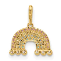 A gold horseshoe-shaped pendant charm decorated with multicolored small stones in pink, blue, and clear, featuring three small round stones hanging from the bottom and a small stamped hallmark on the bail.