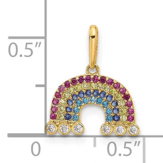 Gold pendant in the shape of a rainbow with pink sapphires on the outer edge, yellow sapphires, blue sapphires, light blue topaz in the center, and six round diamonds along the bottom, displayed against a measurement scale.